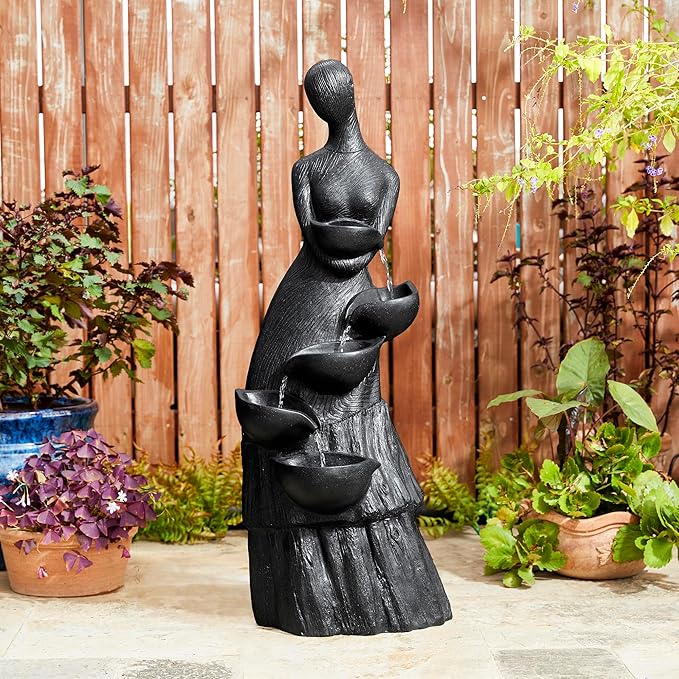 Glitzhome 39.75" H Modern Abstract Women Sculpture Outdoor Water Fountain, 5 Tier Woman Statue Waterfall Fountain with LED Lights and Pump for Porch Deck Garden Patio Backyard