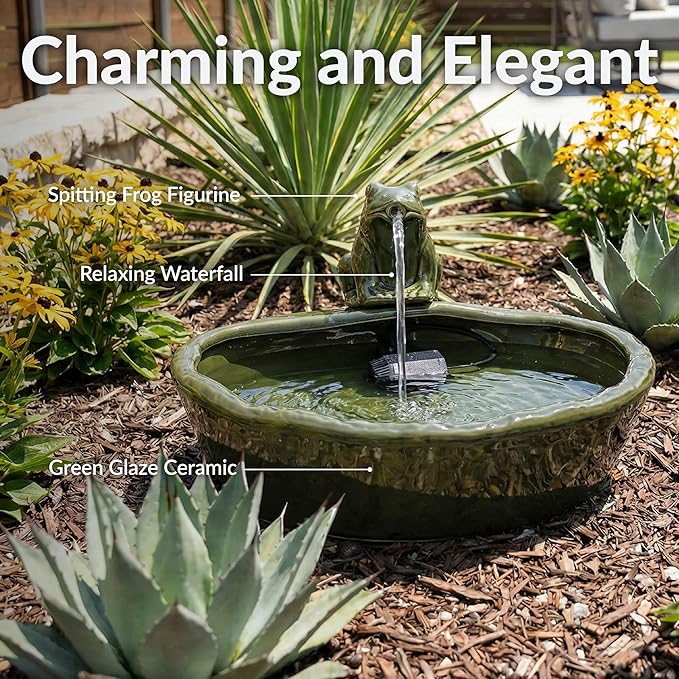 Sunnydaze Ceramic Solar-Powered Water Fountain - Green Glaze - Low-Voltage Submersible Pump with Filter - Frog