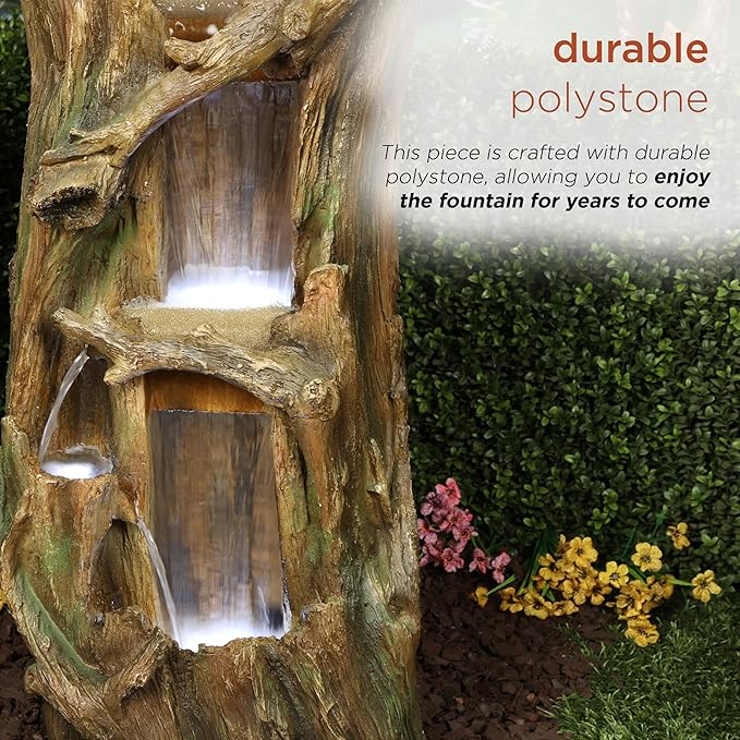 Alpine Corporation TZL346 Outdoor 3 Tier Tree Trunk Floor Fountain with Cool White LED Lights, Tiered Garden Decor, 40" H, Brown