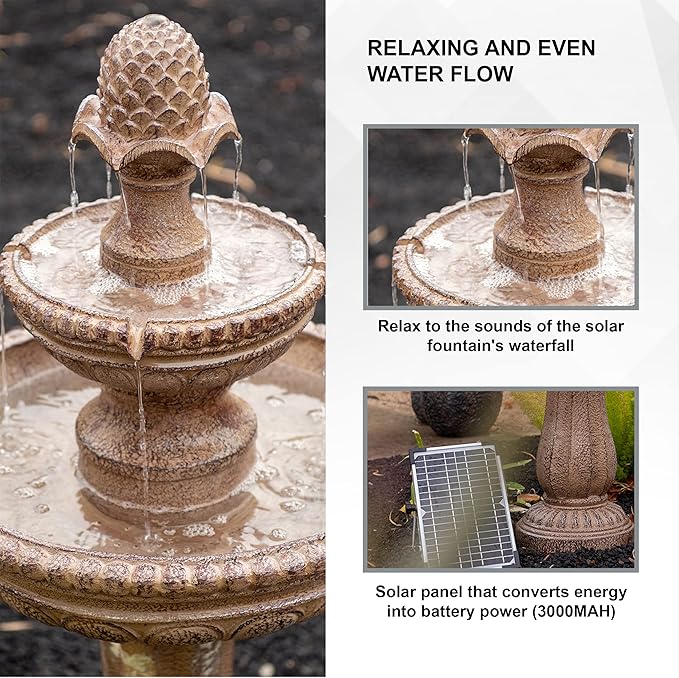XBrand 39" Solar Water Fountain, 2-Tier Outdoor Sand Stone Resin with Solar Panel & Pump for Home Garden Yard Decor