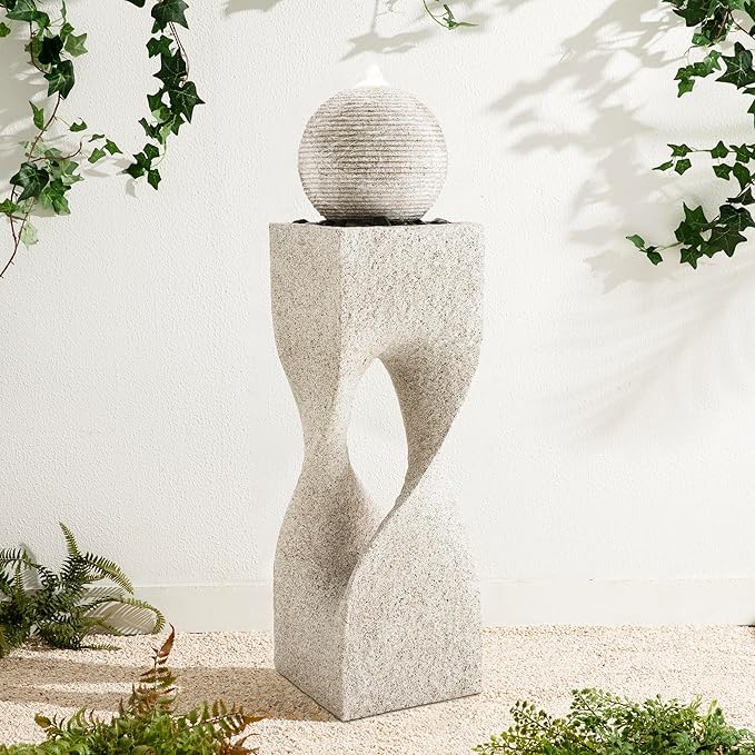 Glitzhome Outdoor Water Fountain with Lights, Outdoor Fountain with Pump, 36.5" H Modern Faux Terrazzo Geometric Pedestal and Sphere Polyresin Garden Fountains for Patio, Balcony, Yard Or Home Decor