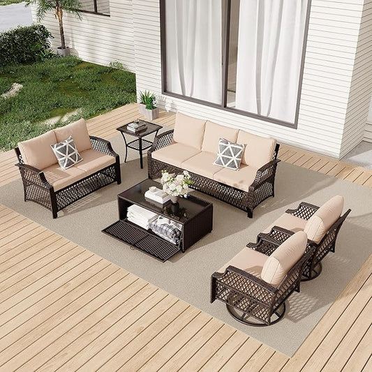 HOMREST 6 Piece Patio Furniture Set, Wicker Outdoor Conversation Sofa Set with Swivel Chairs, Loveseat, Storage Coffee Table, Rattan Outdoor Sectional for Deck Backyard Porch（7 Seats, Khaki
