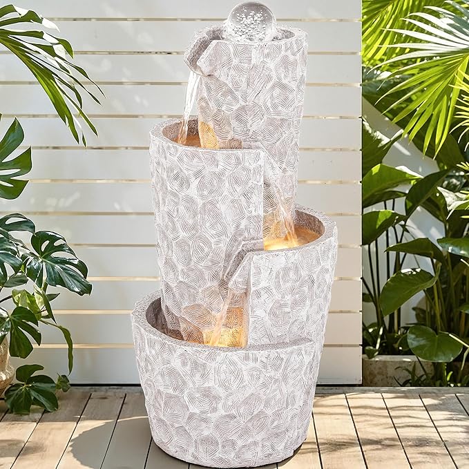 28" 4-Tier Twist Water Fountain with Rotating Crystal Ball, Exclusive Honeycomb Texture, Cascading Waterfalls, Weather-Resistant Outdoor Fountain Creates Tranquil Oasis for Garden Patio