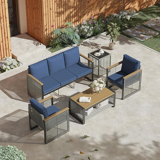 HOMREST Metal Outdoor Patio Furniture Set, 5-Piece Outdoor Sectional Patio Conversation Set with 3-Seat Sofa,Coffee Table,Upgard Cusion for Deck, Lawn,Poolside(Blue)