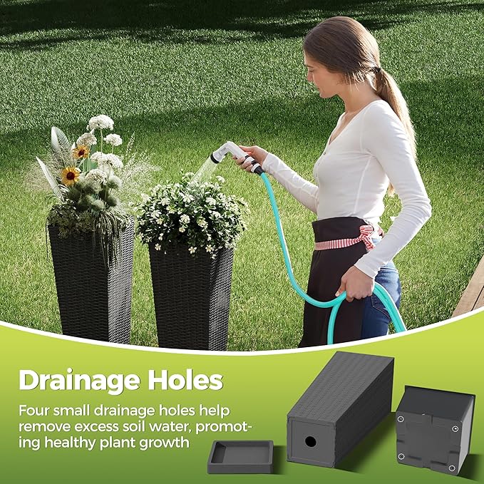 2 Pack Large Planters for Indoor Plants, Outdoor 24 inch Tall Planter with Removable Liners, Plant Pots for Trees Flowers, All-Weather Use with Drainage Holes & Saucers for Porch, Patio, Black