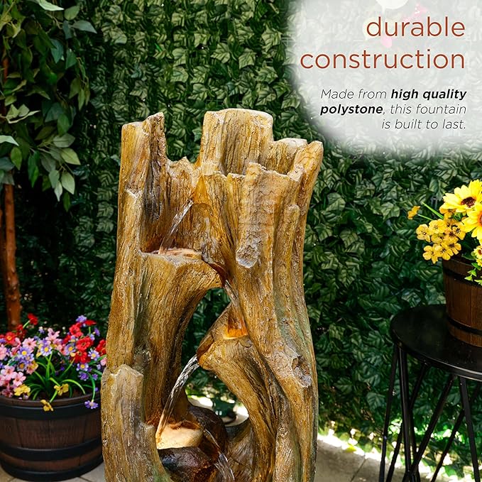 Alpine Corporation 39" Tall Cascading Tree Trunks Waterfall Fountain with LED Lights, Outdoor Floor Water Feature with Rustic Natural Wood Look, Garden, Patio, Lawn & Backyard Decor, Brown