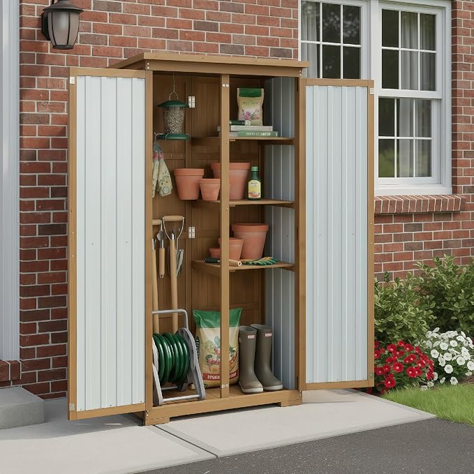 Outdoor Storage Cabinet Waterproof with Shelves, Small Storage Shed, Vertical Tall Patio Backyard Garden Storage Cabinet Tool Organizer for Outside - Image 3