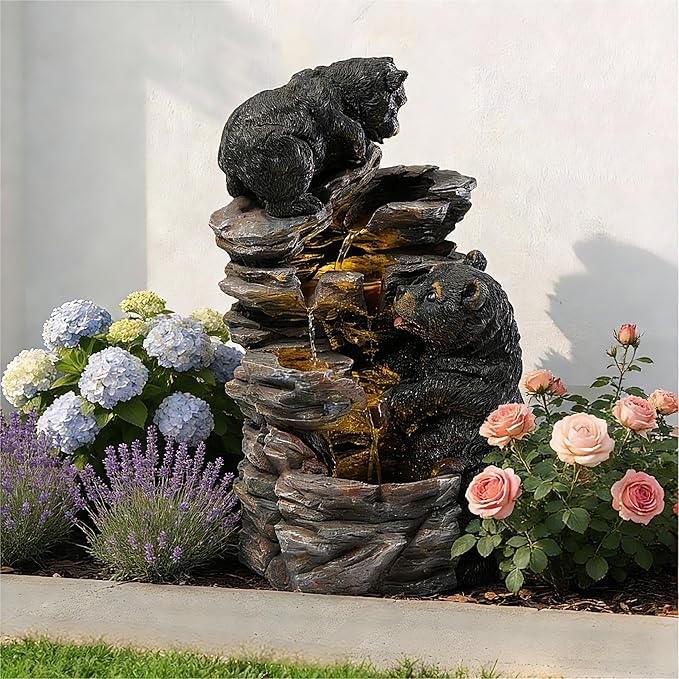 21" Outdoor Water Fountain with Lights, 4-Tiered Black Bear Family Cascading Water Fountain, Outdoor Garden Waterfall Decor for Garden, Patio, Courtyard