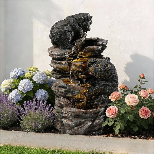 21" Outdoor Water Fountain with Lights, 4-Tiered Black Bear Family Cascading Water Fountain, Outdoor Garden Waterfall Decor for Garden, Patio, Courtyard