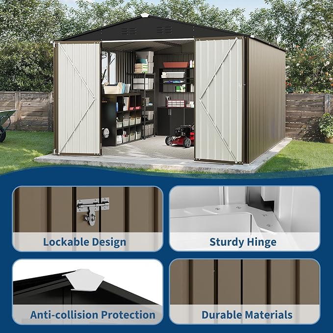 10X12 FT Storage Shed，Lockable Gable Roof Garden Shed with Grid Window, All-Weather Resistant Storage Unit for Bikes, Ladders, Patio Supplies & Garden Essentials - Image 5