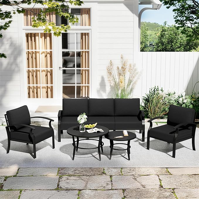 Aluminum Patio Furniture Set with 2 Round Coffee Tables, 5 Seats Outdoor Patio Conversation Sets w/5.1" Cushions,Patio Conversation Sets for Garden, Backyard, Porch-Black
