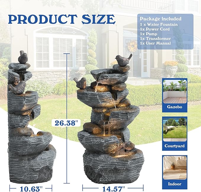5-Tiers Cascading Rock Water Fountain Outdoor - Waterfalls Fountains with LED Lights, Outdoor/Indoor Resin Water Feature Fountain for Patio, Garden, Backyard, Deck, Porch, Home Docor