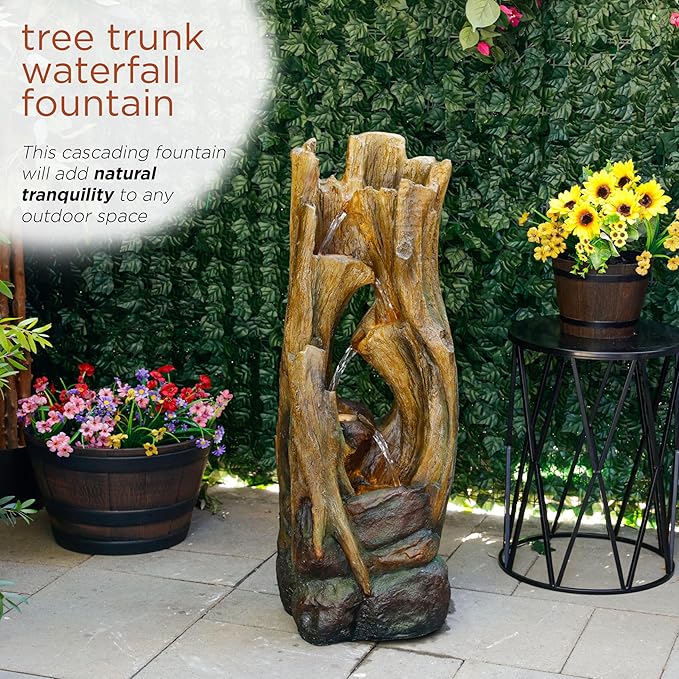 Alpine Corporation 39" Tall Cascading Tree Trunks Waterfall Fountain with LED Lights, Outdoor Floor Water Feature with Rustic Natural Wood Look, Garden, Patio, Lawn & Backyard Decor, Brown