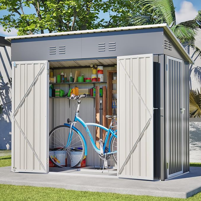 YOPTO 4x8 FT Outdoor Storage Shed,Slope Roof Storage Metal Garden Shed Steel with Reinforced Beams,All Weather Waterproof Garden Tool House W/Lockable Door & 4 Air Vents,for Backyard,Patio,Lawn,Grey - Image 4