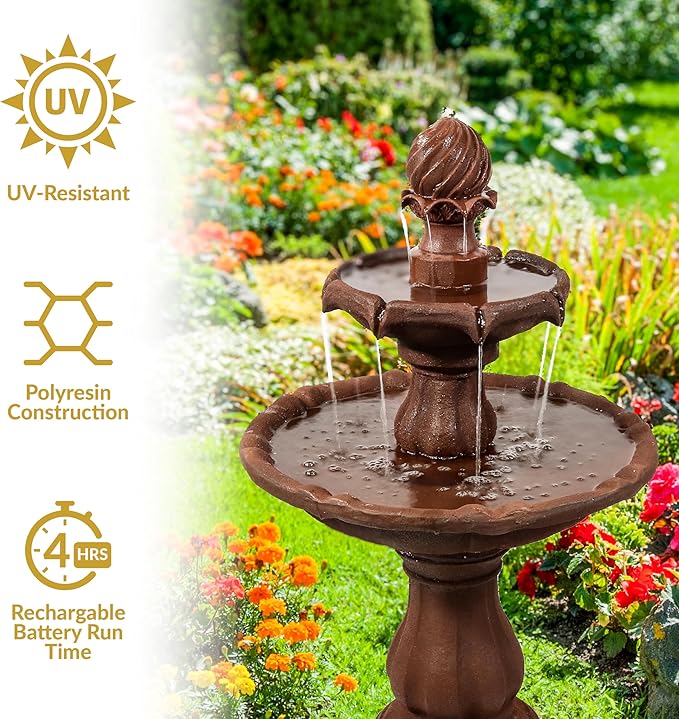 Sunnydaze 35" Solar 2-Tier Outdoor Water Fountain - Outdoor Water Fountain with Battery Backup and Pump - Rust