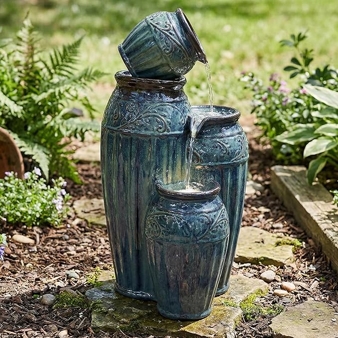 Sunnydaze Tour de Vase Ceramic 27-Inch Outdoor Water Fountain - LED Lights - Electric Submersible Pump with Adjustable Flow