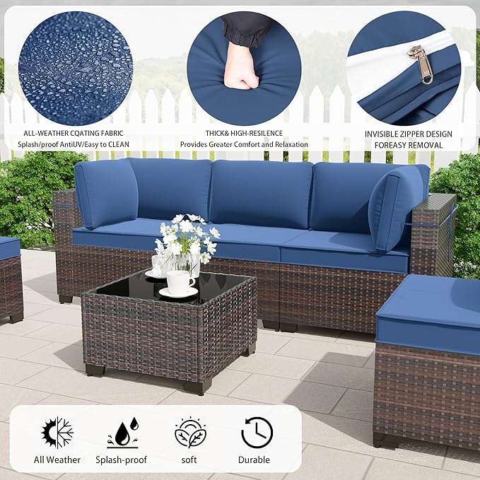 9 Pieces Outdoor Patio Furniture Set,Outdoor Sectional Furniture All Weather PE Rattan Wicker Patio Conversation Set with Coffee Table and 8 Thickened Cushions,Navy Blue
