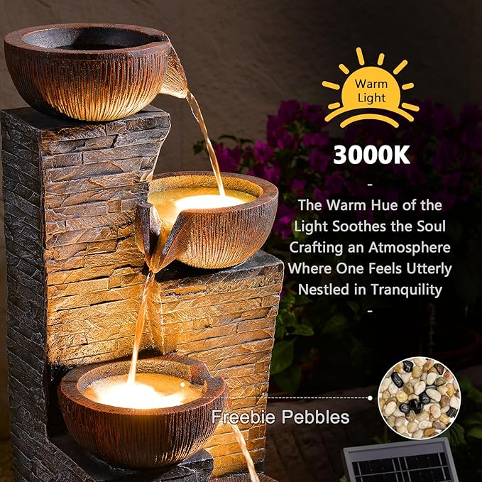 38.2" Tall Solar Water Fountain Outdoor Garden,Stone Texture Modern 4 Tiers Cascading Bowls Garden Fountains Outdoor,Suit for Patio, Deck, Porch, Lawns, Backyard and Home Art Decor