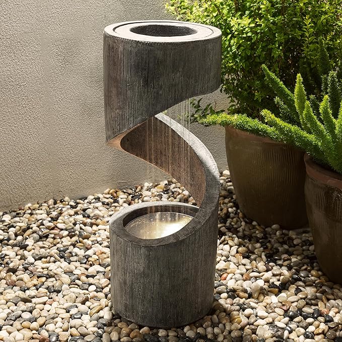 Glitzhome Outdoor Fountain with LED Light, Spiral Water Fountain Outdoor with Stone Planter, Modern Curved Waterfall Fountains Water Feature for Garden Patio, 31.3”H