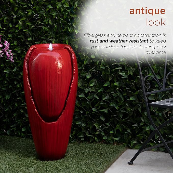 Alpine Corporation DIG100XS-RD | 33"H Outdoor Vintage Cascading Antique Jar Water Fountain with LED Lights — Garden, Patio & Yard Décor — Red Finish