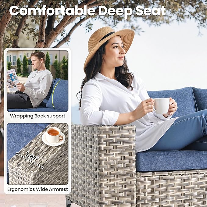 ovios 5-Piece Patio Furniture Set with L-Shape Sofa Chaise, Outdoor Sectional Couch Coffee Table, Modern Modular Wicker Rattan Conversation Set, Denim Blue