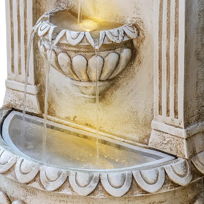 Alpine Corporation TZL160 Indoor/Outdoor Floor Lion Head Wall Fountain with LED Lights, Wall-Mounted Waterfall, 32", Ivory