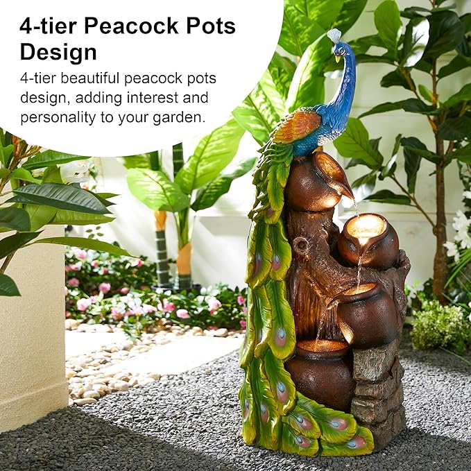 Glitzhome 4-Tier Peacock and Jars Outdoor Water Fountain with LED Light, 40”H Oversized Resin Peacock Sculpture Waterfall Fountain with Submersible Pump for Garden Patio Porch