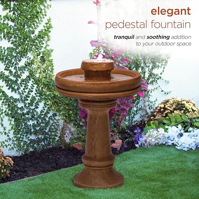 Alpine Corporation TZL202 Outdoor Floor Vintage Pedestal Water Fountain with Bird Bath and LED Lights, 29", Brown