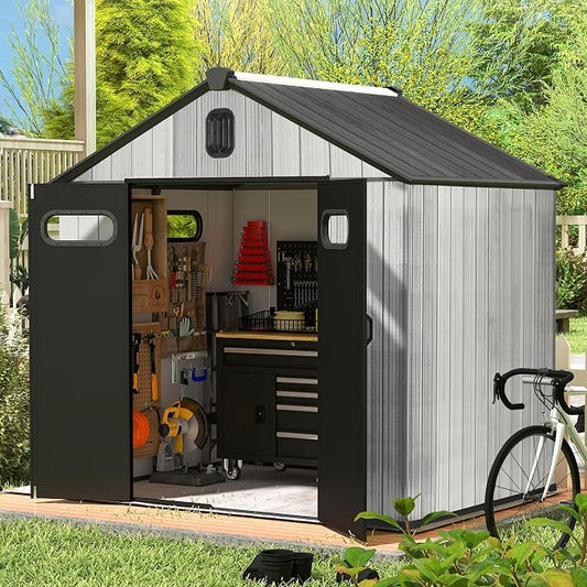 Domi 8x8 FT Outdoor Resin Storage Shed, All-Weather Double-Wall Storage Building for Backyard, Garden, Lawn Tools, Mower, Bike & Pool Equipment, Lockable Doors, Ventilated Roof, Grey by domioutdoorliving