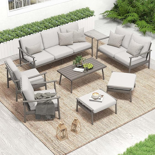 HAPPATIO Patio Outdoor Furniture Set - 7 Pieces Aluminum Outdoor Conversation Set Includes 1 Three-Seater Sofa, 1 Coffee Table, 1 Loveseat, 2 Armchairs and 2 Ottomans for Porch, Yard, Lawn (Grey)