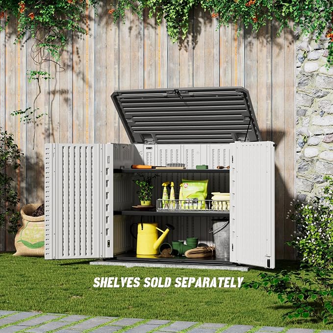 Mrosaa Outdoor Patio Storage Shed,Waterproof Horizontal Outdoor Storage Cabinet for Garbage Cans,Tools and Lawnmower Lockable(34 Cu.ft-Warm-White) - Image 3