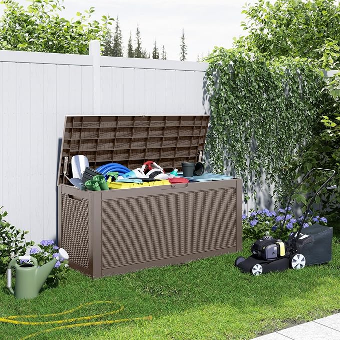 PatioZen 120 Gallon Resin Deck Box, Lockable Patio Outdoor Storage Box for Furniture, Garden Tools and Tools Storage, Waterproof Outside Storage Boxes - Grey - Image 5