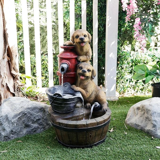 Alpine Corporation GXT986 26" Tall Outdoor Barrel Fountain with Playful Puppies, Cascading Garden Water Feature for Patio, Lawn, or Yard Decor, Brown