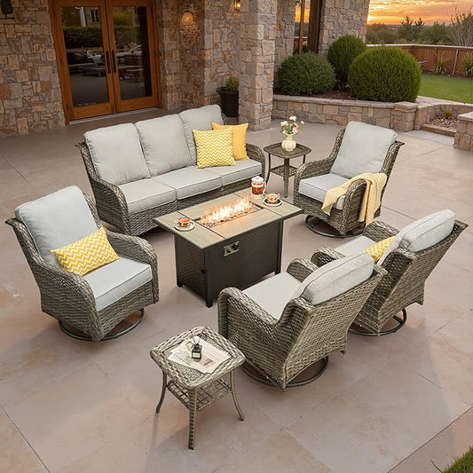 ovios 8-Piece Patio Furniture Set with Swivel Chairs Coffee Table, Outdoor Wicker Sofa with 42" Fire Pit Table, High Back Couch Modern Conversation Sets, Grey/Grey