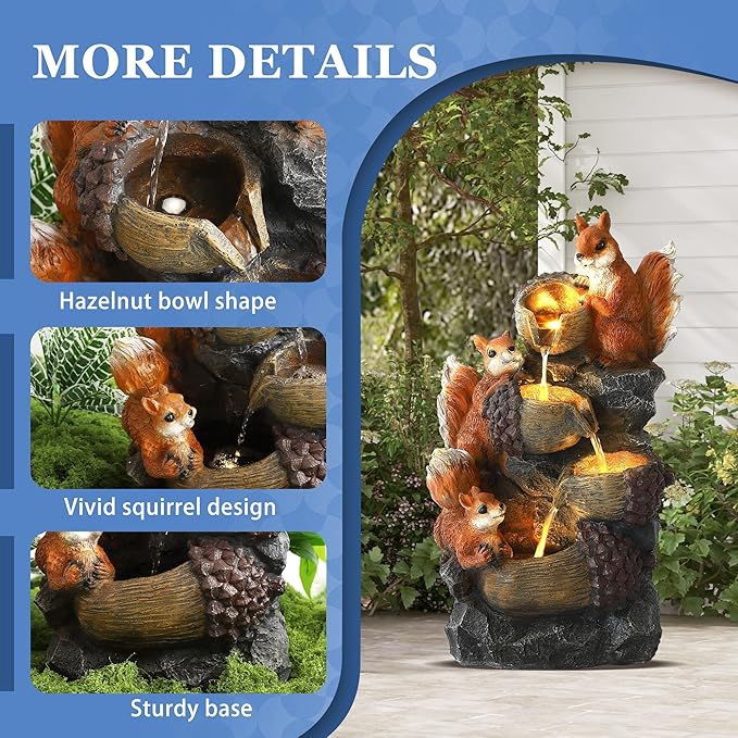 Outdoor Garden Water Fountain with Cascading Rock, 4-Tiers Fountains and Waterfalls with LED Lights,Indoor/Outdoor Morden Floor Standing Water Feature w/3 Squirrel Decor for Patio, Backyard