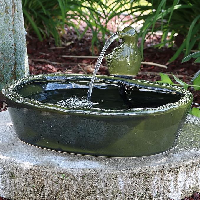 Sunnydaze Ceramic Solar-Powered Water Fountain - Green Glaze - Low-Voltage Submersible Pump with Filter - Dove