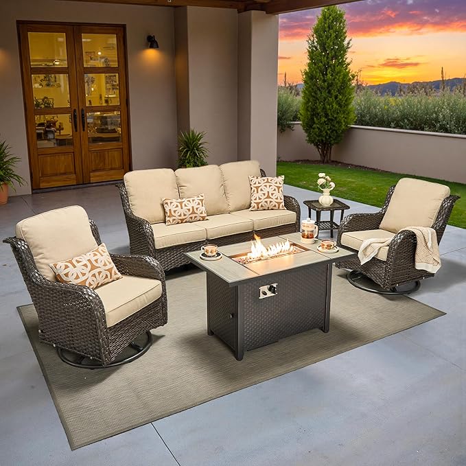 ovios 5-Piece Patio Furniture Set with Swivel Chairs Coffee Table, Outdoor Wicker Sofa with 42" Fire Pit Table, High Back Couch Modern Conversation Sets, Brown/Beige