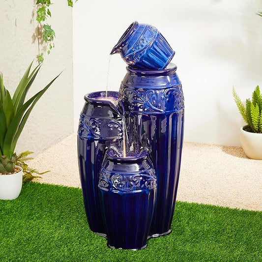 Glitzhome 35.5" H Oversized Outdoor Water Fountain with LED Lights and Pump, 4 Tier Cobalt Blue Embossed Pattern Ceramic Pots Cascading Floor Standing Fountain for Porch Deck Garden Patio Backyard