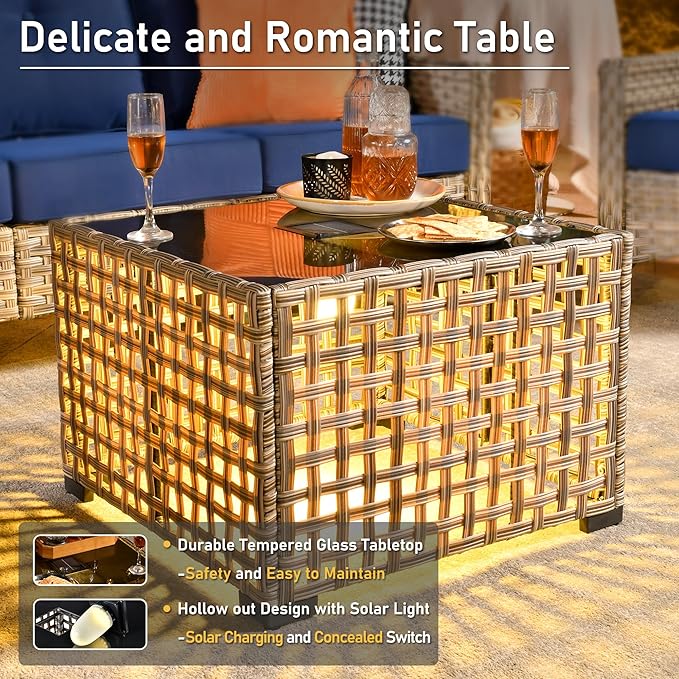 HOOOWOOO Outdoor Patio Furniture Set with Light Table,5 Pieces Wicker Conversation Set,All Weather High Back Couch Sofa Swivel Chairs Set,Black