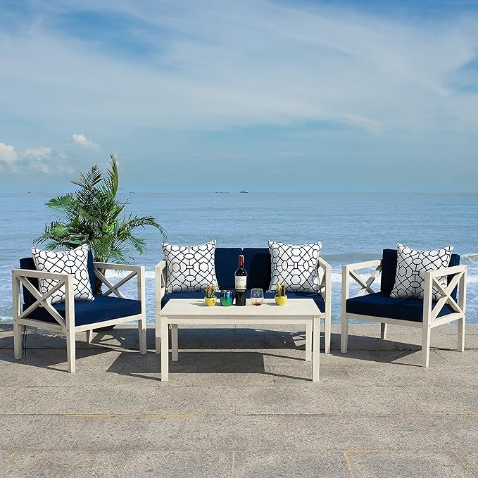 SAFAVIEH Outdoor Collection Nunzio Off-White/Navy Blue Cushion 4-Piece Conversation Patio Set with Accent Pillows