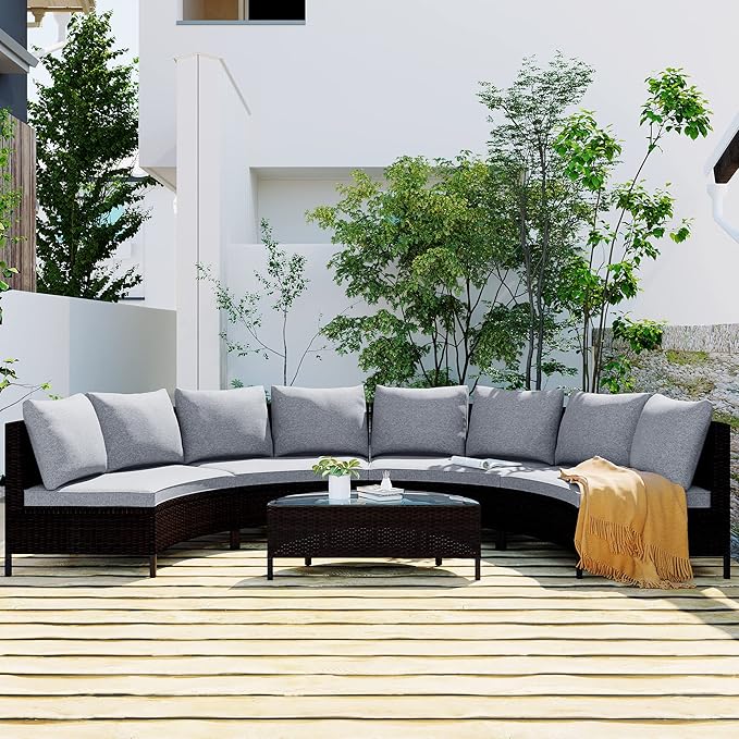 Merax Patio Conversation Set, 5 Pieces All-Weather PE Rattan Wicker Sofa Set, Half-Moon Outdoor Patio Sectional Sofa Set with Tempered Glass Table, Gray