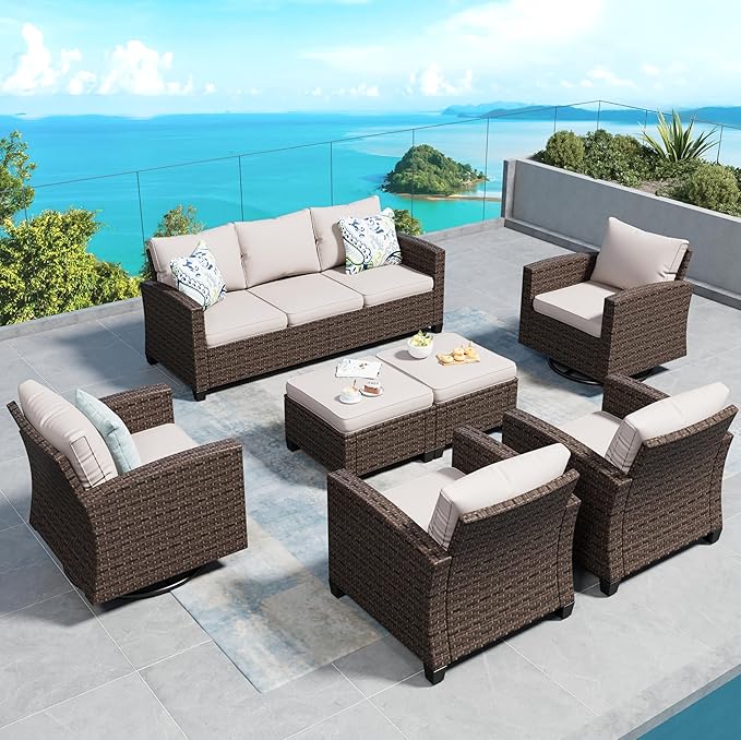 Swivel Glider Patio Furniture Set Outdoor Furniture Brown Wicker Rattan Patio Conversation Sets with Cushion Outside Sofa Set,7 Pieces 9 Seats,Beige