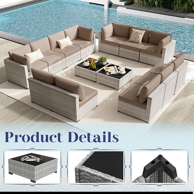 KIGOTY Patio Furniture Set,7 Pieces Modular Outdoor Sectional Sofa, PE Rattan Patio Conversation Set, All Weather Wicker Patio Furniture with Cushions and Coffee Table（Grey White/Camel）