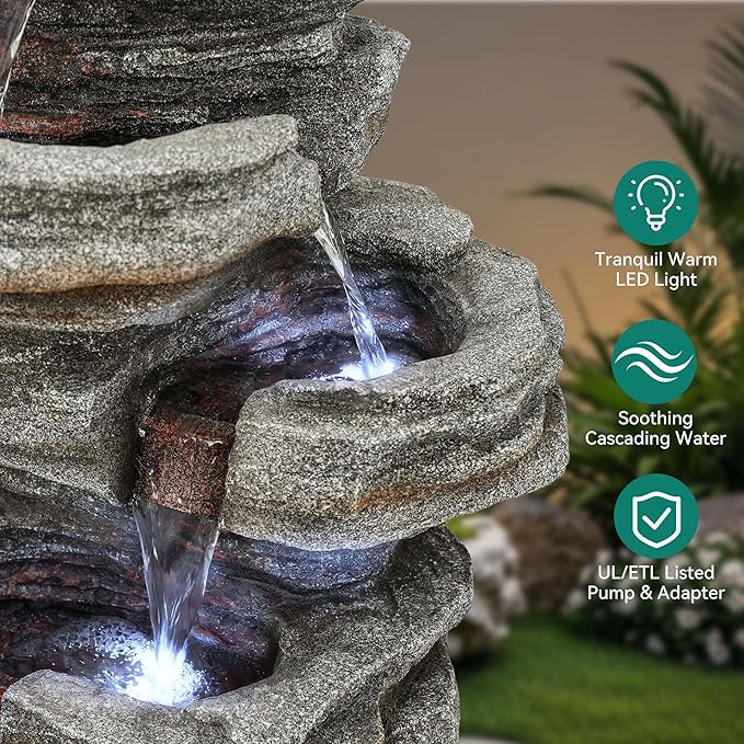 40"H Stacked Stone Water Fountain Outdoor with LED Lights, 6-Tier Extra-Lage Cascading Rock Waterfall for Outdoor Patio Garden Backyard, Weather-Resistant Resin Water Feature for Serene Oasis