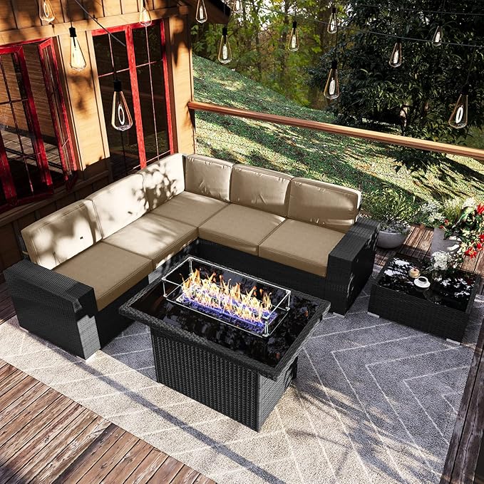 7 Pieces Patio Furniture Set with 44" Propane Gas Fire Pit Table, Outdoor Sectional Wicker Conversation Sofa Sets with Coffee Table