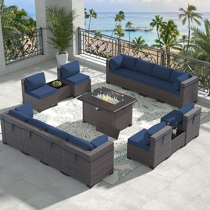 15 Pieces Outdoor Patio Furniture Set,Outdoor Sectional Furniture with 43" 55000 BTU Gas Propane Fire Pit Table,All Weather PE Rattan Wicker Patio Conversation Set,Navy Blue