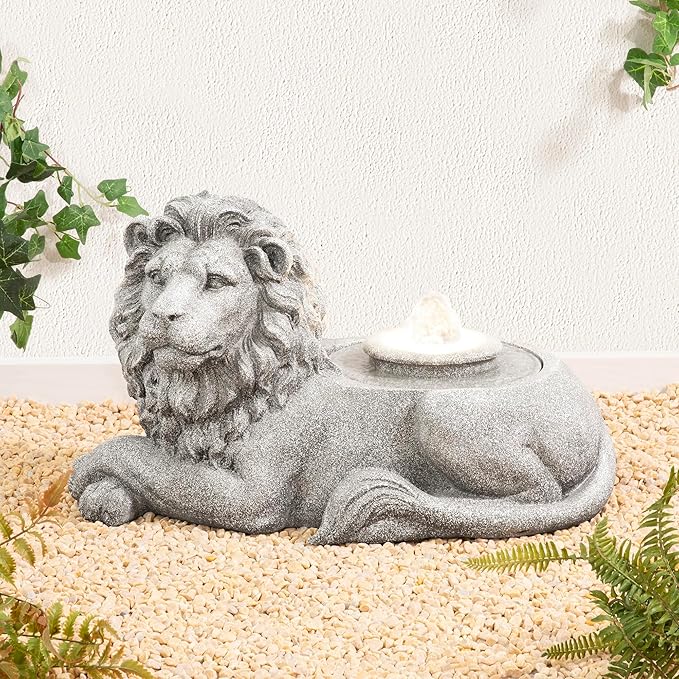 Glitzhome Outdoor Fountain with Lights & Pump, 20" L Zen-Style Lying Lion Polyresin Water Fountain Outdoor, Floor Standing Water Feature for Garden Yard Patio Porch Decor