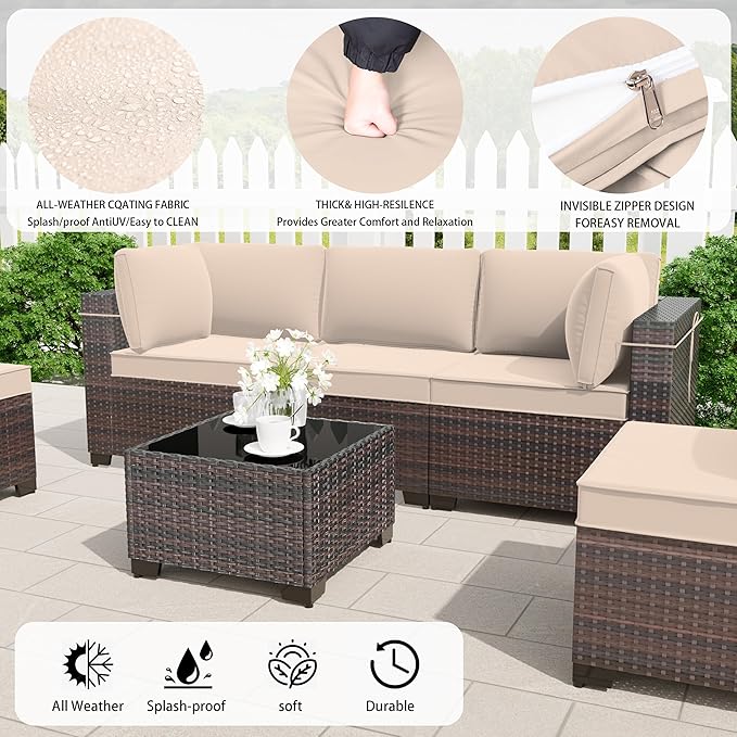 10 Pieces Outdoor Patio Furniture Set,Outdoor Sectional Furniture with 43" 55000 BTU Gas Propane Fire Pit Table,All Weather PE Rattan Wicker Patio Conversation Set,Sand