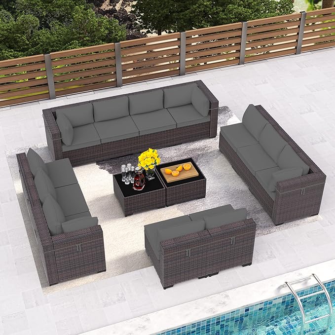 14 Pieces Outdoor Patio Furniture Set,Outdoor Sectional Furniture All Weather PE Rattan Wicker Patio Conversation Set with 2 Coffee Tables and 12 Thickened Cushions,Grey