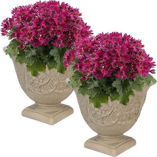 Sunnydaze 16-Inch Darcy Round Plant Pot - Polyresin Large Outdoor Urn Planter with Drillable Drainage Hole - 2 Pack - Beige